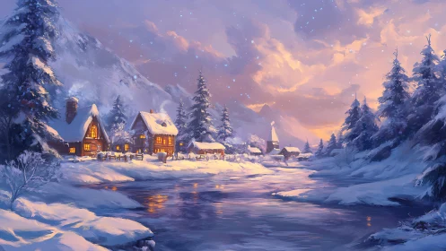Snowy mountain village glows beside reflective winter river