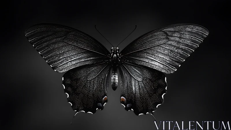 Black butterfly on dark background with open wings.