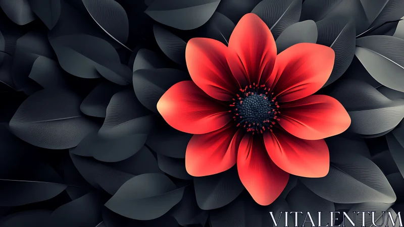 Vibrant red flower rendered against layered dark petal background