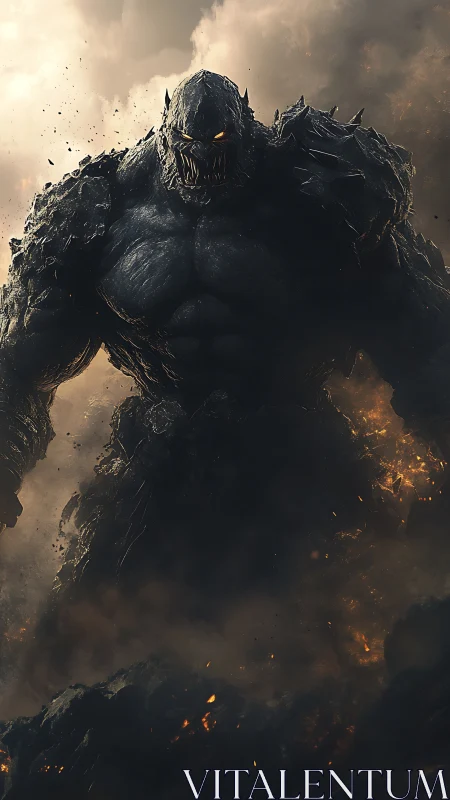Monolithic rock humanoid emerges from dense volcanic smoke