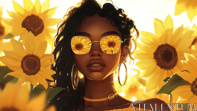 Digital portrait of woman with reflective sunflower sunglasses