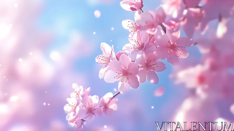 Cherry blossom branch glows against soft pastel sky.