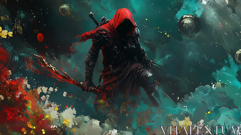 Scarlet hooded reaper strides through cosmic stormfire.