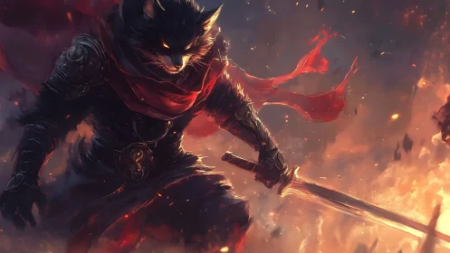 Anthropomorphic feline swordsman in burning battlefield scene.