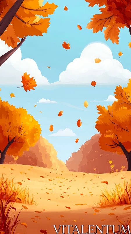 Golden autumn leaves drift across a bright country path