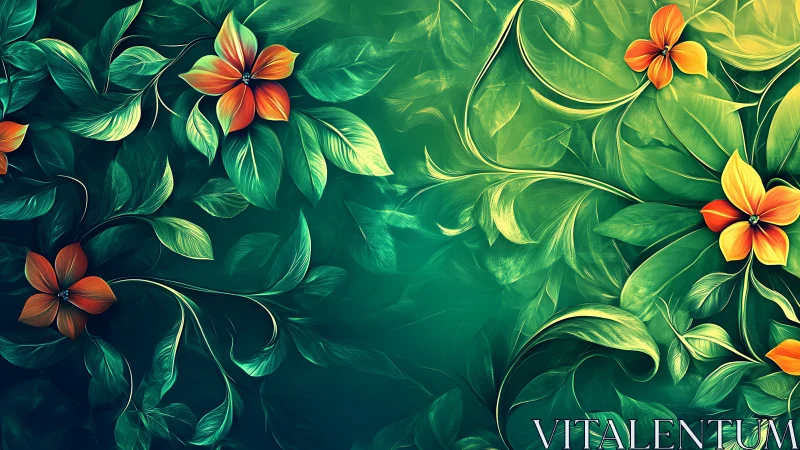 Digital floral foliage pattern with orange and yellow blooms.