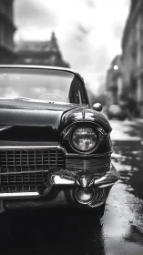 Chromed classic sedan in wet urban street perspective study.
