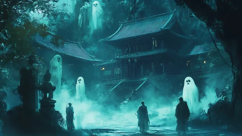 Ghostly spirits drift above a misty temple courtyard at night