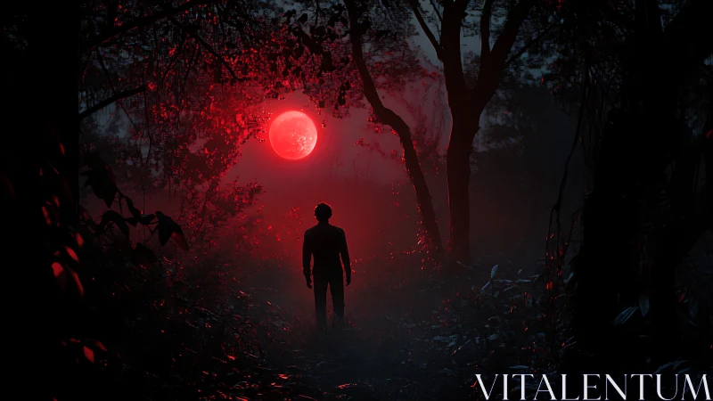 Silhouetted wanderer confronts blood-red moon in dense forest