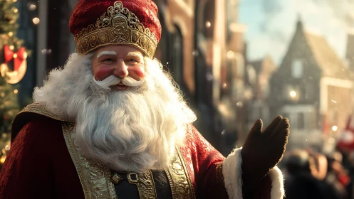 Regal winter saint in red robe waving through city light.