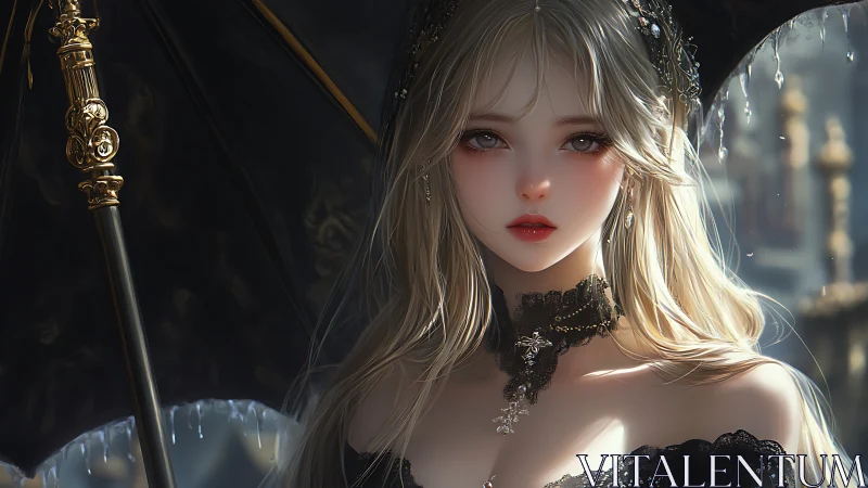 Digital portrait shows woman under ornate black umbrella