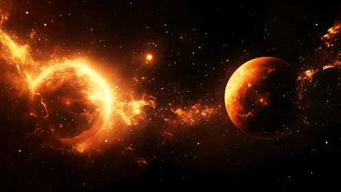 Twin fire planets collide inside incandescent cosmic void.