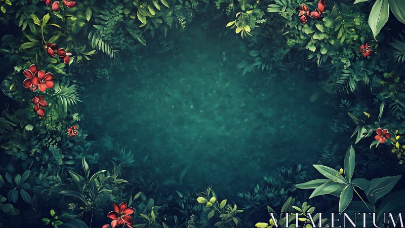 Lush tropical frame encloses deep teal jungle water pool