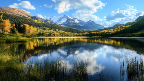 Snowcapped mountains reflect in a calm alpine lake at sunset