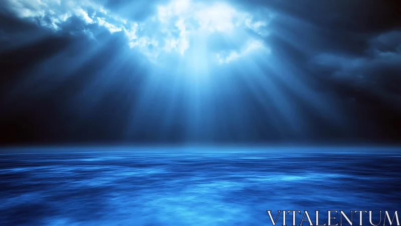 Celestial light shafts pouring over tranquil blue ocean.