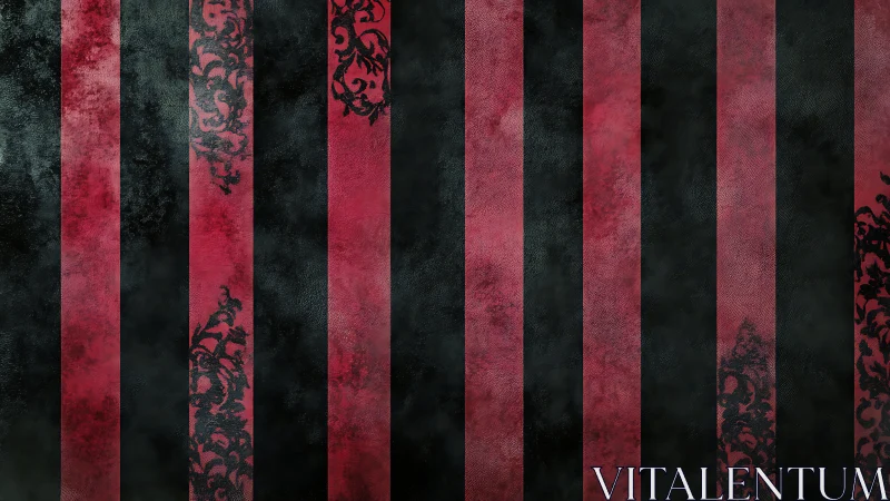 Vertically striped grunge wallpaper shows worn damask overlays