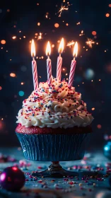 Birthday Cupcake with Spiraled Candles and Bokeh Sparkle Effects