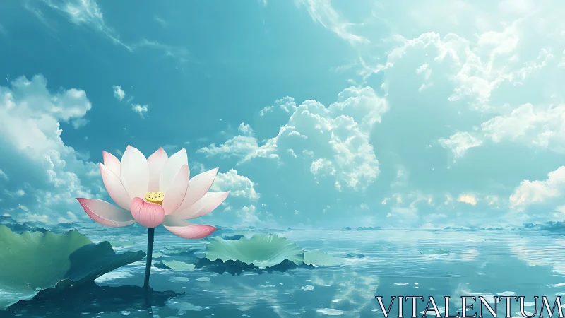 Lotus bloom over calm reflective lake under vast sky.