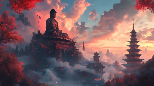 Mountain Buddha temple city under fiery sunset sky.