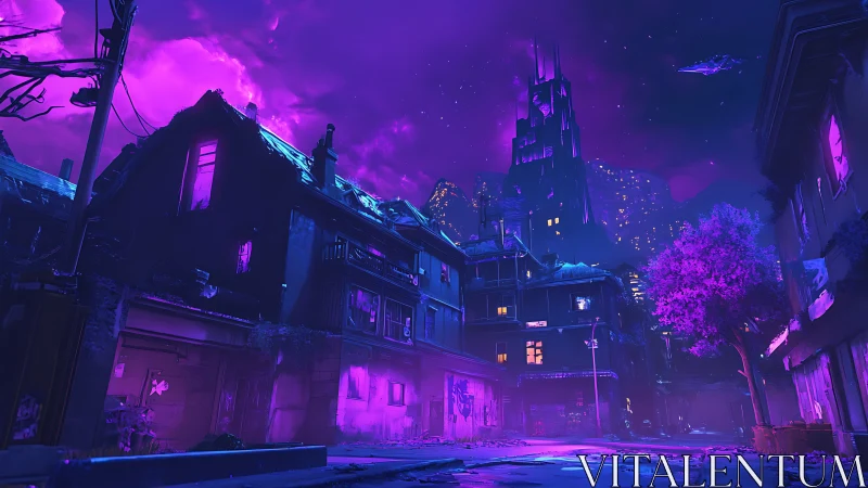 Neon cyberpunk alley under glowing magenta night sky