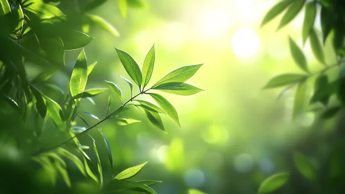 Sunlit Green Leaves in Nature, Close-Up Photography Style.
