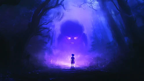 Child confronts glowing forest monster in eerie violet mist.