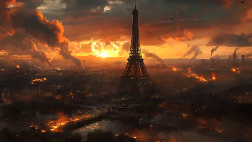 Eiffel Tower over burning Paris under dramatic war sky.