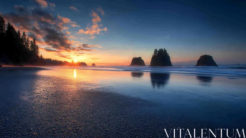 Gentle sunset glow over a quiet rocky evergreen shoreline.