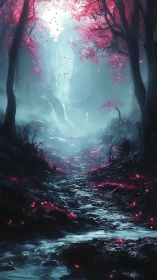 Enchanted cyan river beneath neon blossom twilight veil.