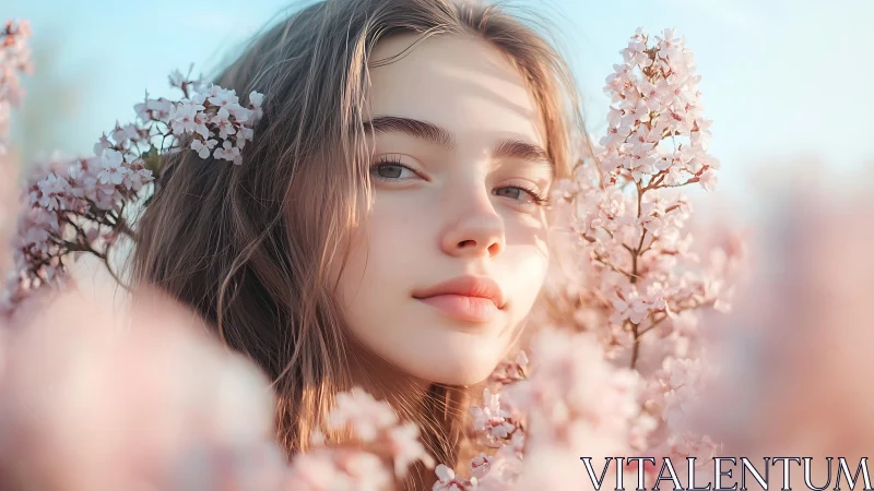 Soft-focus portrait amid vernal cherry blossom diffusion field.