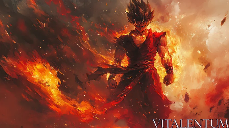 Fiery anime warrior strides through swirling inferno storm