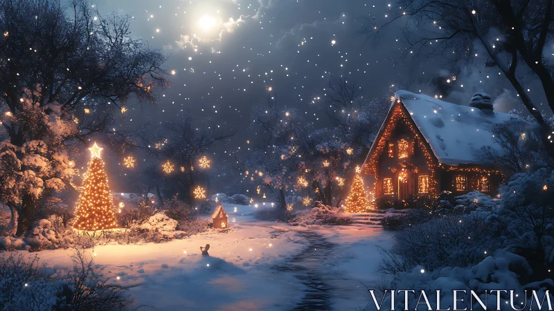 Snowy cottage under moonlit sky with glowing Christmas lights.