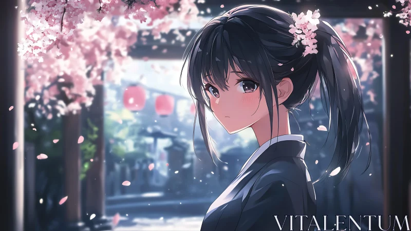 Sakura petals drift around a solemn anime girl at dusk.