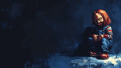 Sinister red-haired doll crouched in dramatic side lighting