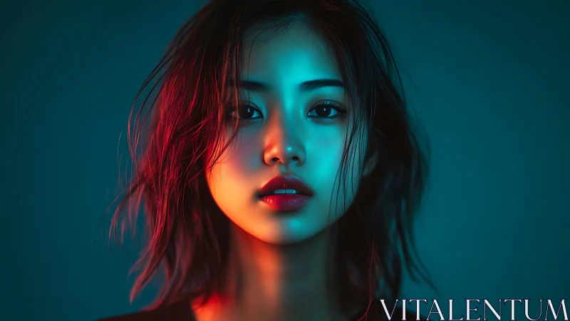 Neon whispers paint her calm gaze in electric twilight