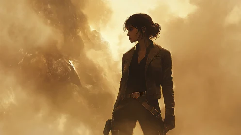 Lone tactical woman in golden atmospheric dust cloud field