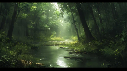 Dense forest stream corridor lit by diffuse sunlight