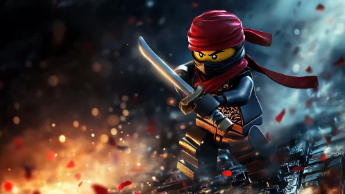 Bold Lego ninja hero dashes through sparks and swirling light.