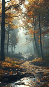 Forest pathway with autumn foliage and morning mist