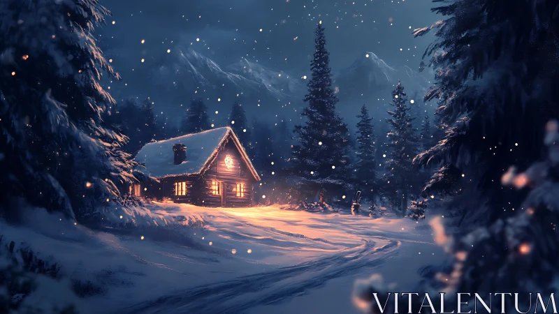 Snow-covered forest cabin emits warm interior light at night