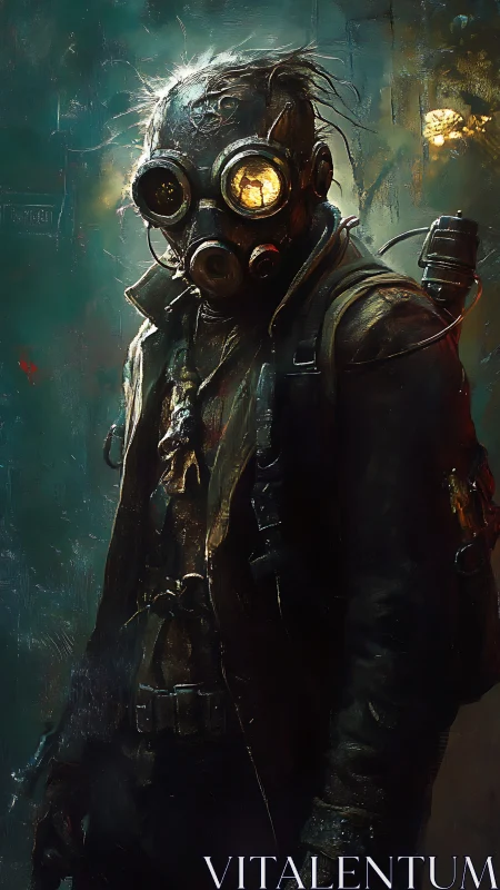 Lone wanderer in a gas mask walks through eerie golden fog
