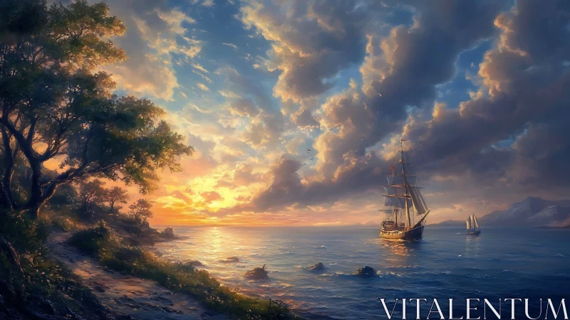 Sunset-illuminated brigantine off wooded littoral horizon line.