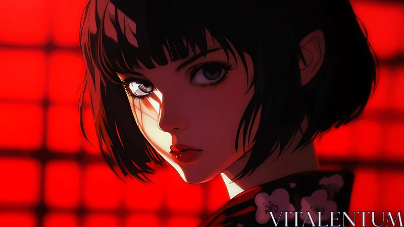 Crimson neon gaze of a bob-haired anime femme fatale.