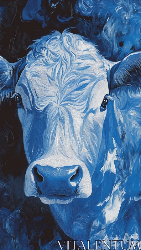 Cerulean bovine portrait with swirling impasto strokes.