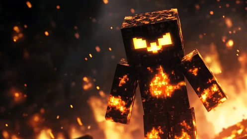 Lava-lit pixel monster strides through a blazing inferno.