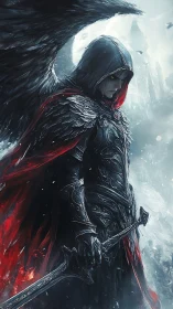 Brooding winged knight in ember-lined obsidian armor stands.