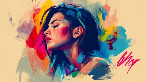 Color-soaked daydream of a serene woman in painted motion.
