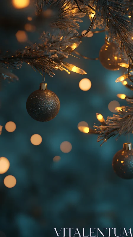 Glittering baubles on blue toned Christmas tree at night.