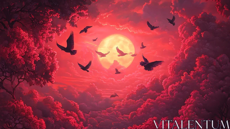 Crimson clouds swirl as dark birds cross a glowing full moon