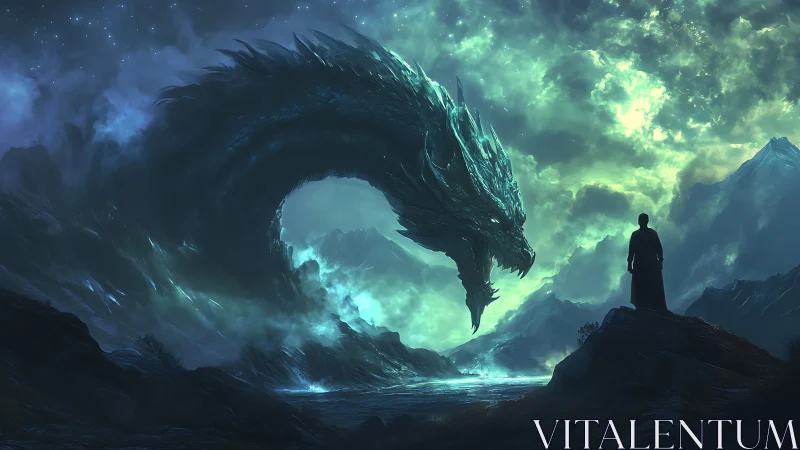 Colossal ethereal dragon confronting lone robed figure at night